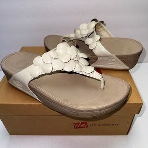 FitFlop Lulu Floral Leather Thong Wedge Sandals Cream Womens 6 180-194